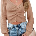 PRETTYGARDEN Women's Chic Deep V Neck Long Sleeve Knit Ruched Tops Off Shoulder Solid Ribbed Knitted Crop Pullover Sweater